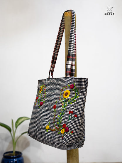 Hand-Embroidered Black & White Gamcha Tote Bag – Floral Harmony     Bag22