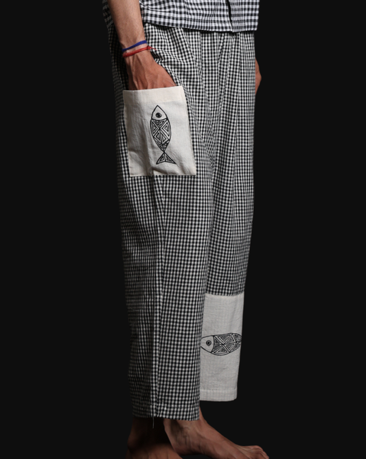Men’s Handpainted Black & White Check Gamcha Cotton Pants