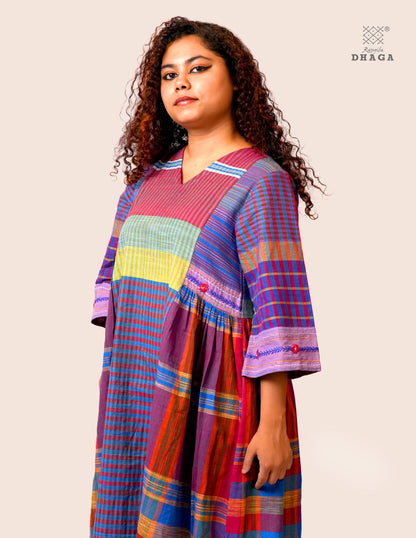 Hand Embroidered Multicolor Handloom Gamcha Dress | Artisan Cotton Dress | Rangila Dhaga | Rangila Dhaga KD002