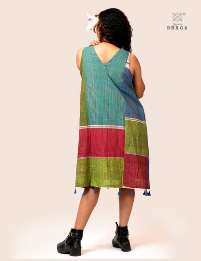 Handloom Gamcha Patchwork A-Line Dress with Cotton Lining, Both-Side Pockets & Handcrafted Bottom Tassels | Multicolor | Rangila Dhaga KD007