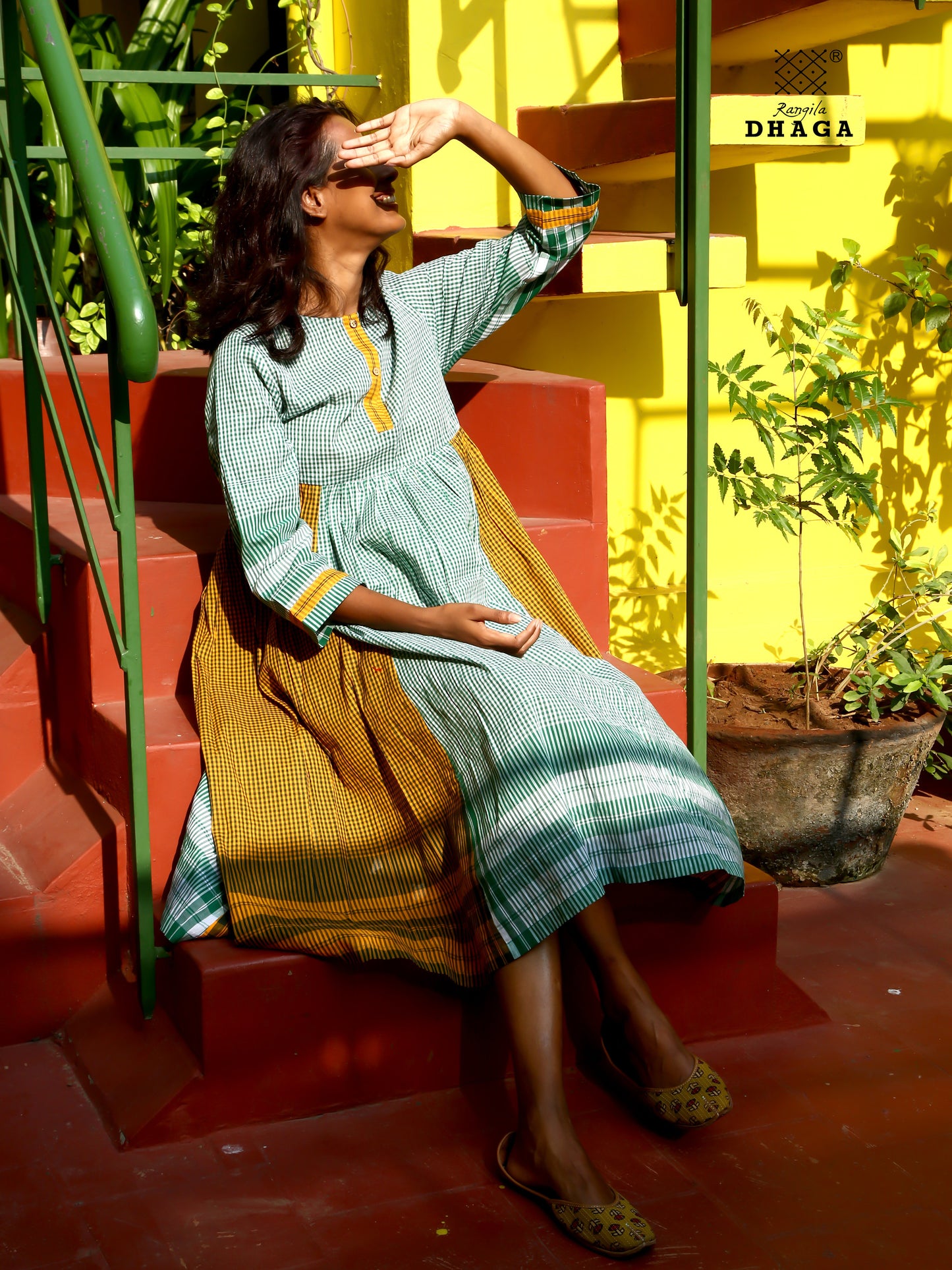 Dress Gamcha Fashion Handloom Cotton Fabric Green & Yellow Check D31