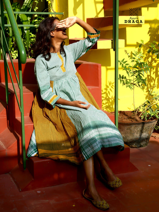 Dress Gamcha Fashion Handloom Cotton Fabric Green & Yellow Check D31