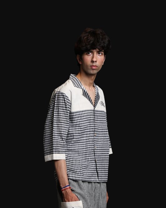Unisex Handpainted Black & White Check Gamcha Cotton Shirt