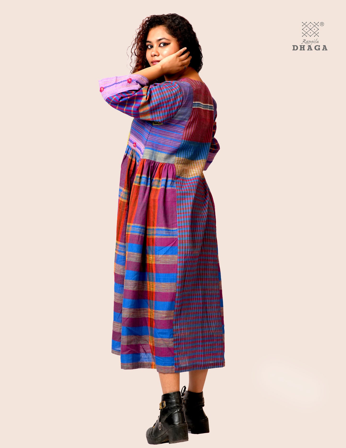 Hand Embroidered Multicolor Handloom Gamcha Dress | Artisan Cotton Dress | Rangila Dhaga | Rangila Dhaga KD002