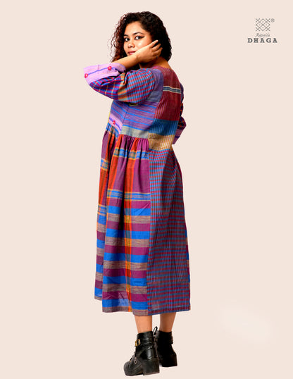Hand Embroidered Multicolor Handloom Gamcha Dress | Artisan Cotton Dress | Rangila Dhaga | Rangila Dhaga KD002