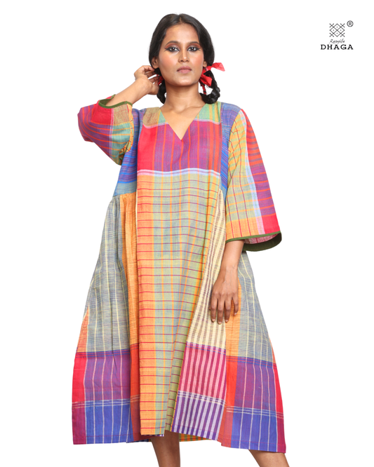 Handloom cotton Gamcha Atrangi Multicolor Dress with bothside pockets- D02