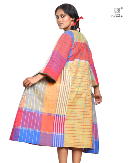 Handloom cotton Gamcha Atrangi Multicolor Dress with bothside pockets- D02
