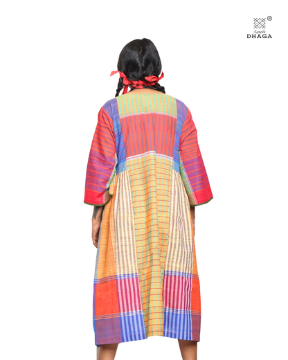 Handloom cotton Gamcha Atrangi Multicolor Dress with bothside pockets- D02