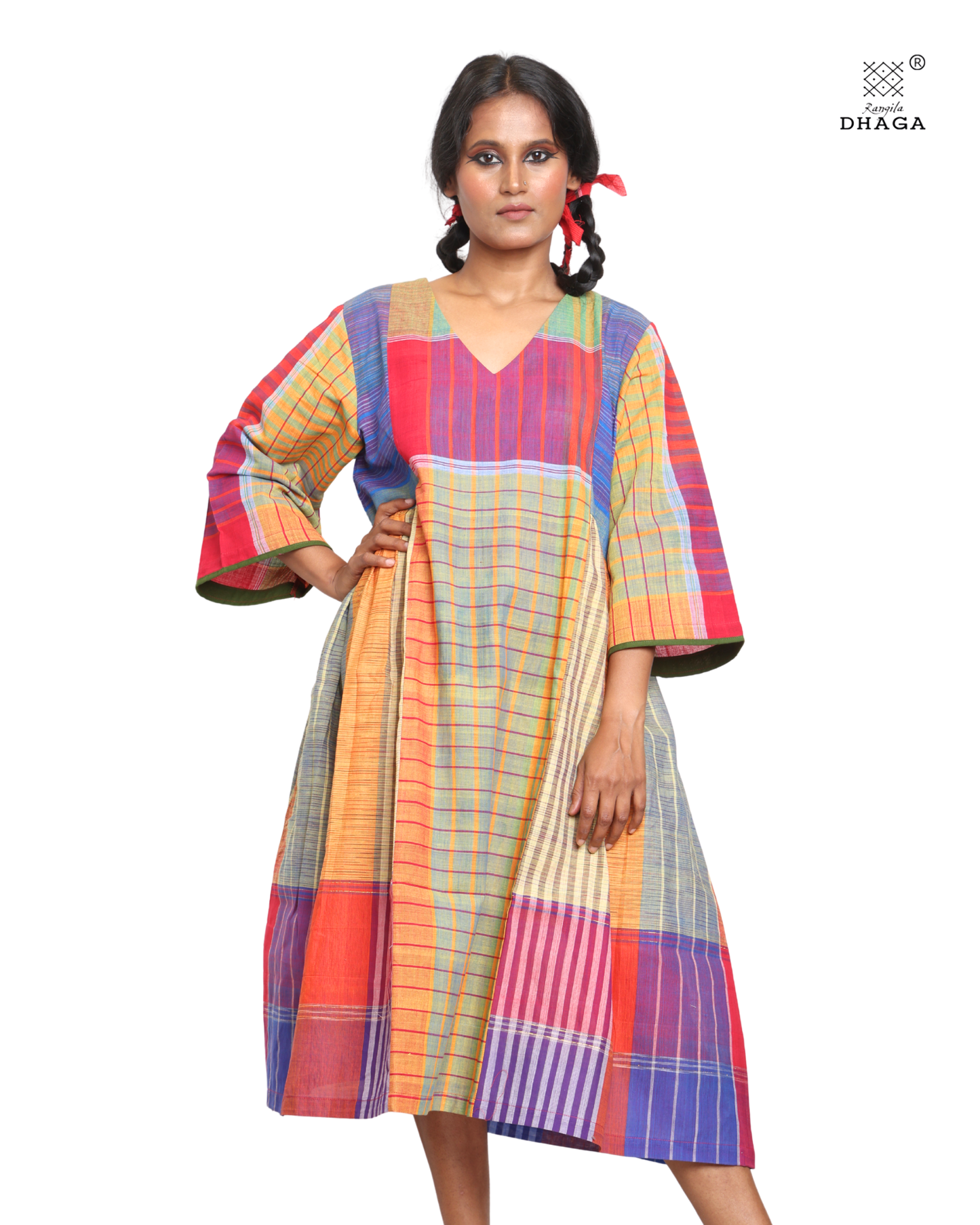 Handloom cotton Gamcha Atrangi Multicolor Dress with bothside pockets- D02
