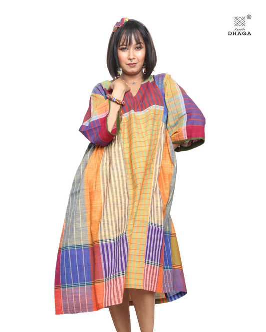 Handloom cotton Gamcha Atrangi Multicolor Dress with bothside pockets- D03