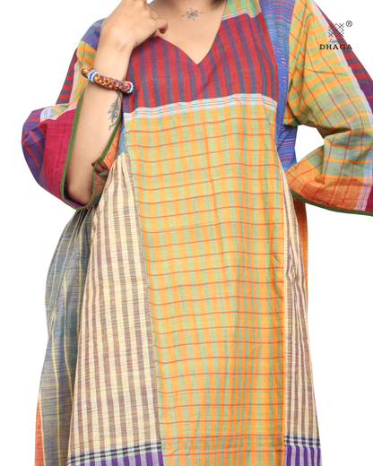 Handloom cotton Gamcha Atrangi Multicolor Dress with bothside pockets- D03