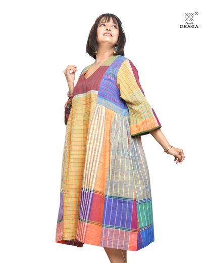 Handloom cotton Gamcha Atrangi Multicolor Dress with bothside pockets- D03