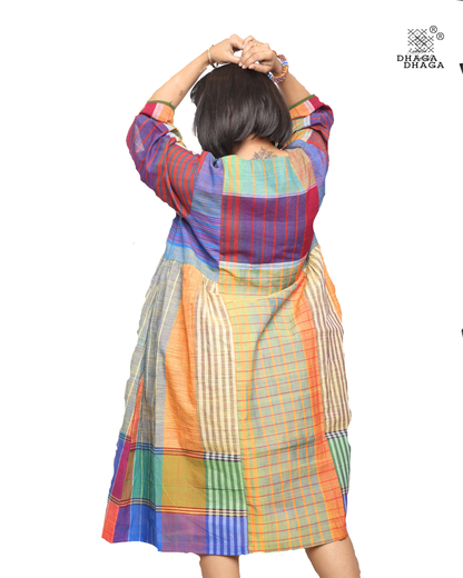 Handloom cotton Gamcha Atrangi Multicolor Dress with bothside pockets- D03