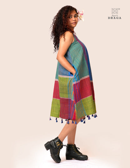 Handloom Gamcha Patchwork A-Line Dress with Cotton Lining, Both-Side Pockets & Handcrafted Bottom Tassels | Multicolor | Rangila Dhaga KD007