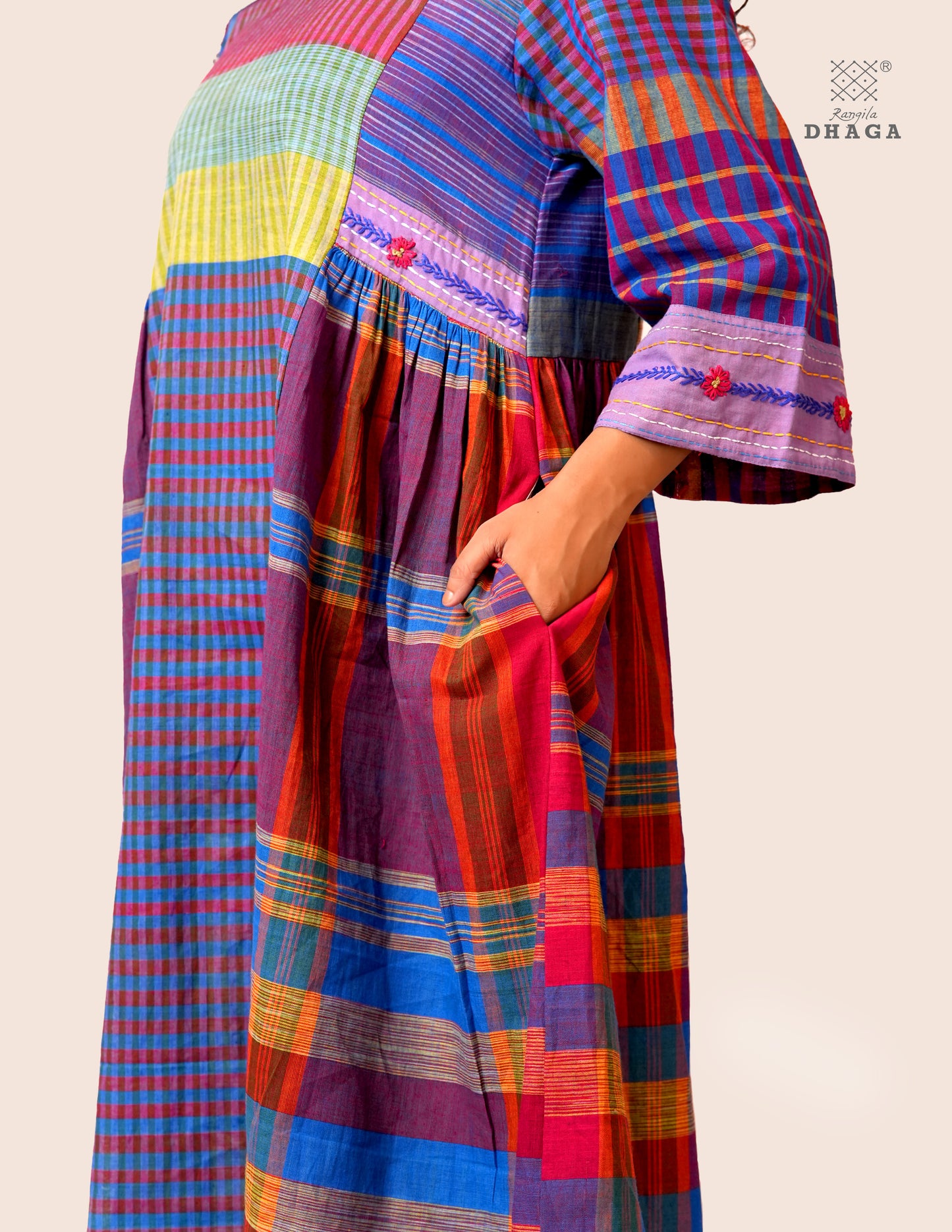 Hand Embroidered Multicolor Handloom Gamcha Dress | Artisan Cotton Dress | Rangila Dhaga | Rangila Dhaga KD002