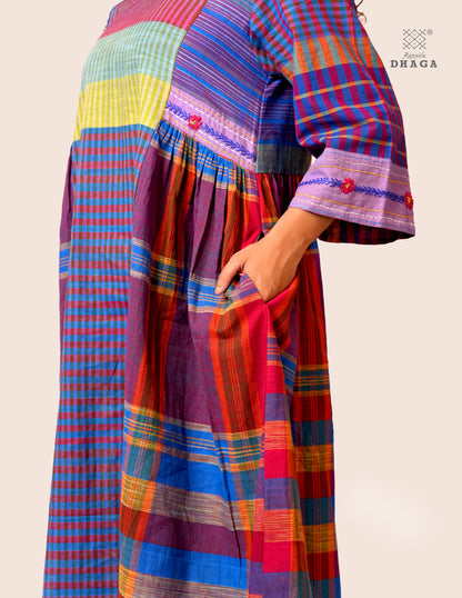 Hand Embroidered Multicolor Handloom Gamcha Dress | Artisan Cotton Dress | Rangila Dhaga | Rangila Dhaga KD002