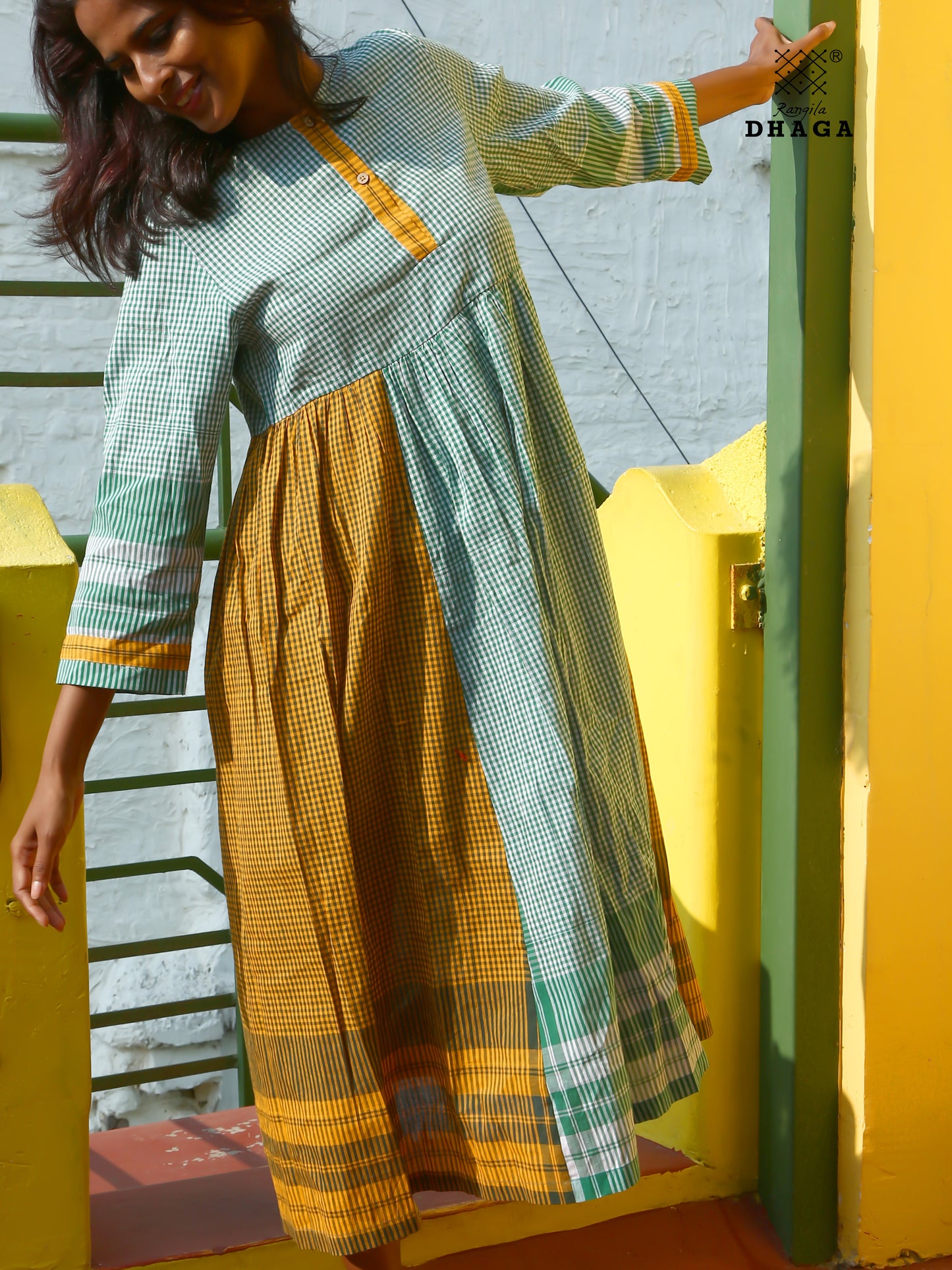 Dress Gamcha Fashion Handloom Cotton Fabric Green & Yellow Check D31