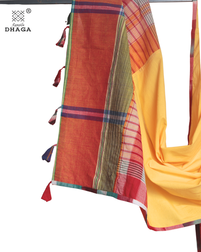 Rangila Dhaga Sunlit Mustard Gamcha Dupatta  with Multicolor Borders & Tassels – Handwoven Cotton (2.5m) GD006