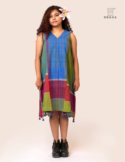 Handloom Gamcha Patchwork A-Line Dress with Cotton Lining, Both-Side Pockets & Handcrafted Bottom Tassels | Multicolor | Rangila Dhaga KD007