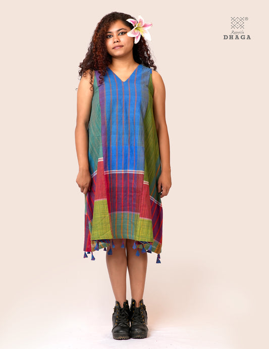 Handloom Gamcha Patchwork A-Line Dress with Cotton Lining, Both-Side Pockets & Handcrafted Bottom Tassels | Multicolor | Rangila Dhaga KD007