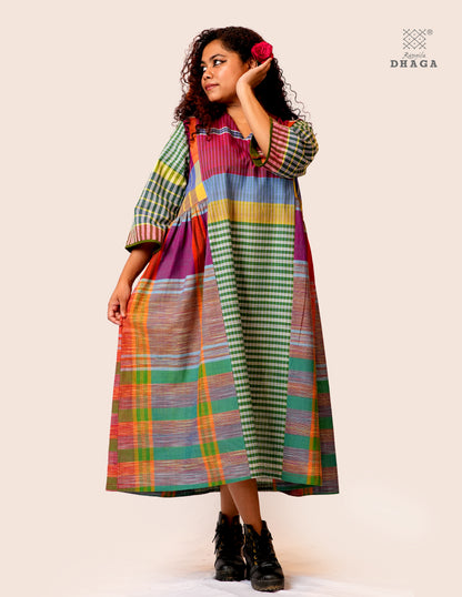 Hand Embroidered Multicolor Handloom Gamcha Dress | Artisan Cotton Dress | Rangila Dhaga | Rangila Dhaga KD003