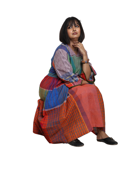 Handloom cotton Gamcha Atrangi Multicolor Dress with bothside pockets