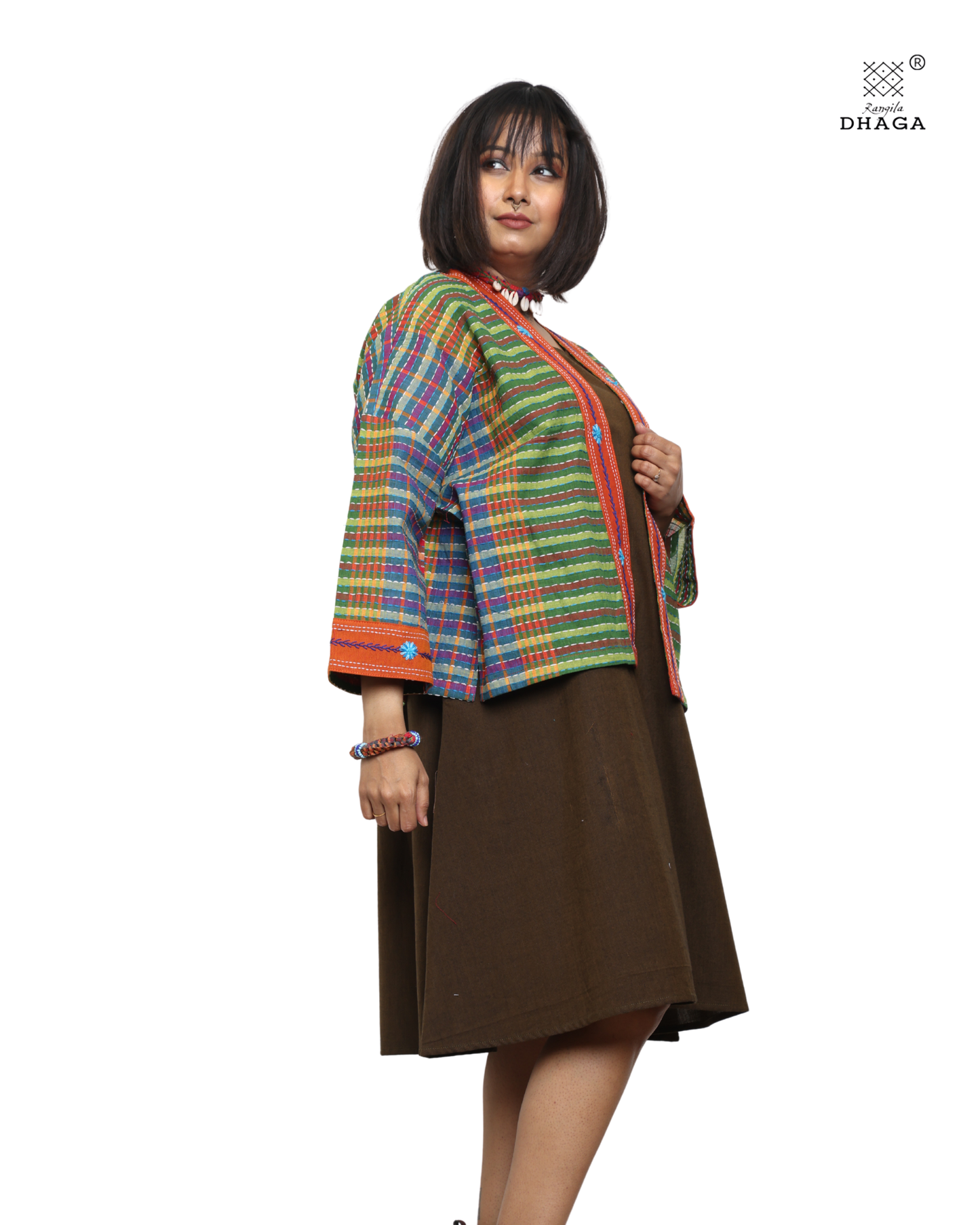 Handembroidered kantha stitch gamcha free size short jaket with hand embroidered flower desing border