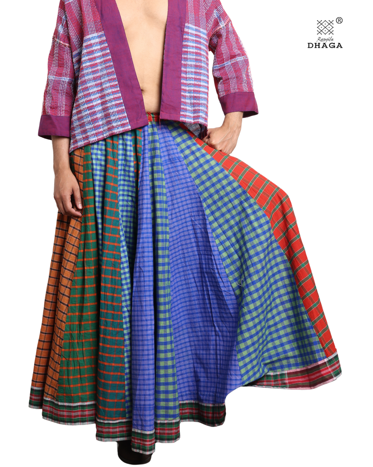 Rangila Dhaga Multi-Check Patchwork Skirt - GS001