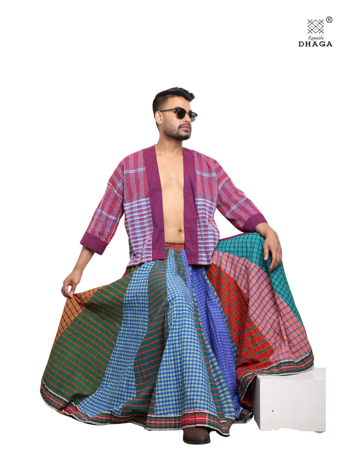Rangila Dhaga Multi-Check Patchwork Skirt - GS001