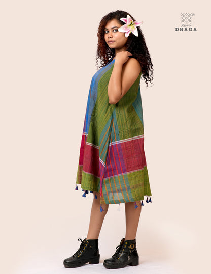 Handloom Gamcha Patchwork A-Line Dress with Cotton Lining, Both-Side Pockets & Handcrafted Bottom Tassels | Multicolor | Rangila Dhaga KD007