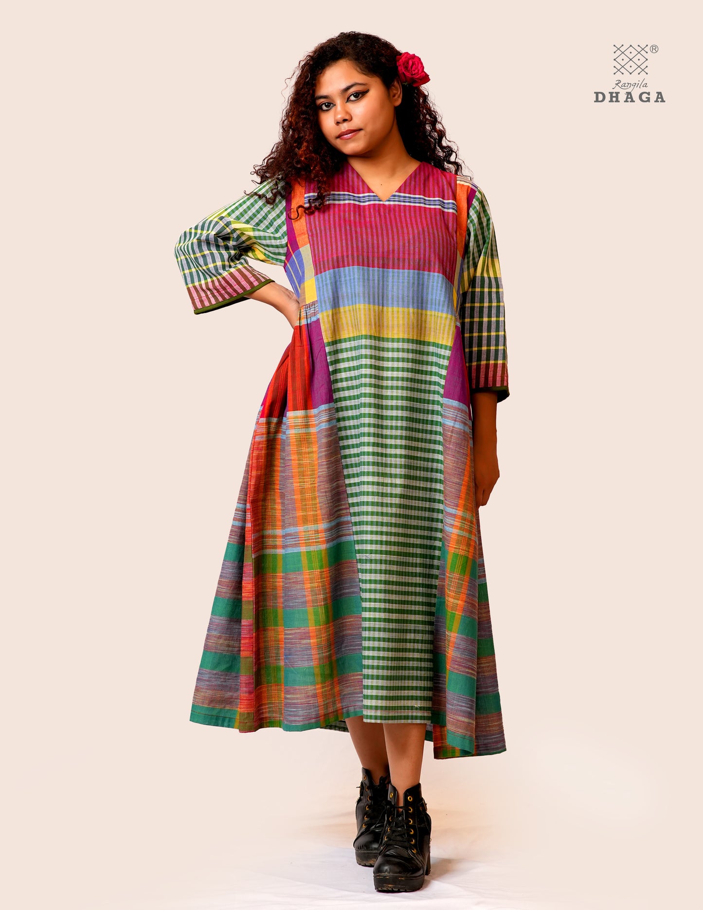 Hand Embroidered Multicolor Handloom Gamcha Dress | Artisan Cotton Dress | Rangila Dhaga | Rangila Dhaga KD003
