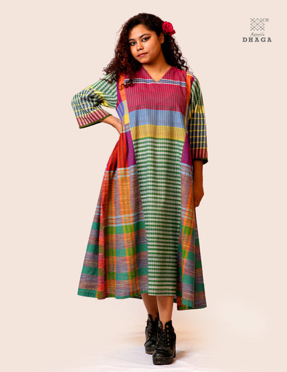 Hand Embroidered Multicolor Handloom Gamcha Dress | Artisan Cotton Dress | Rangila Dhaga | Rangila Dhaga KD003