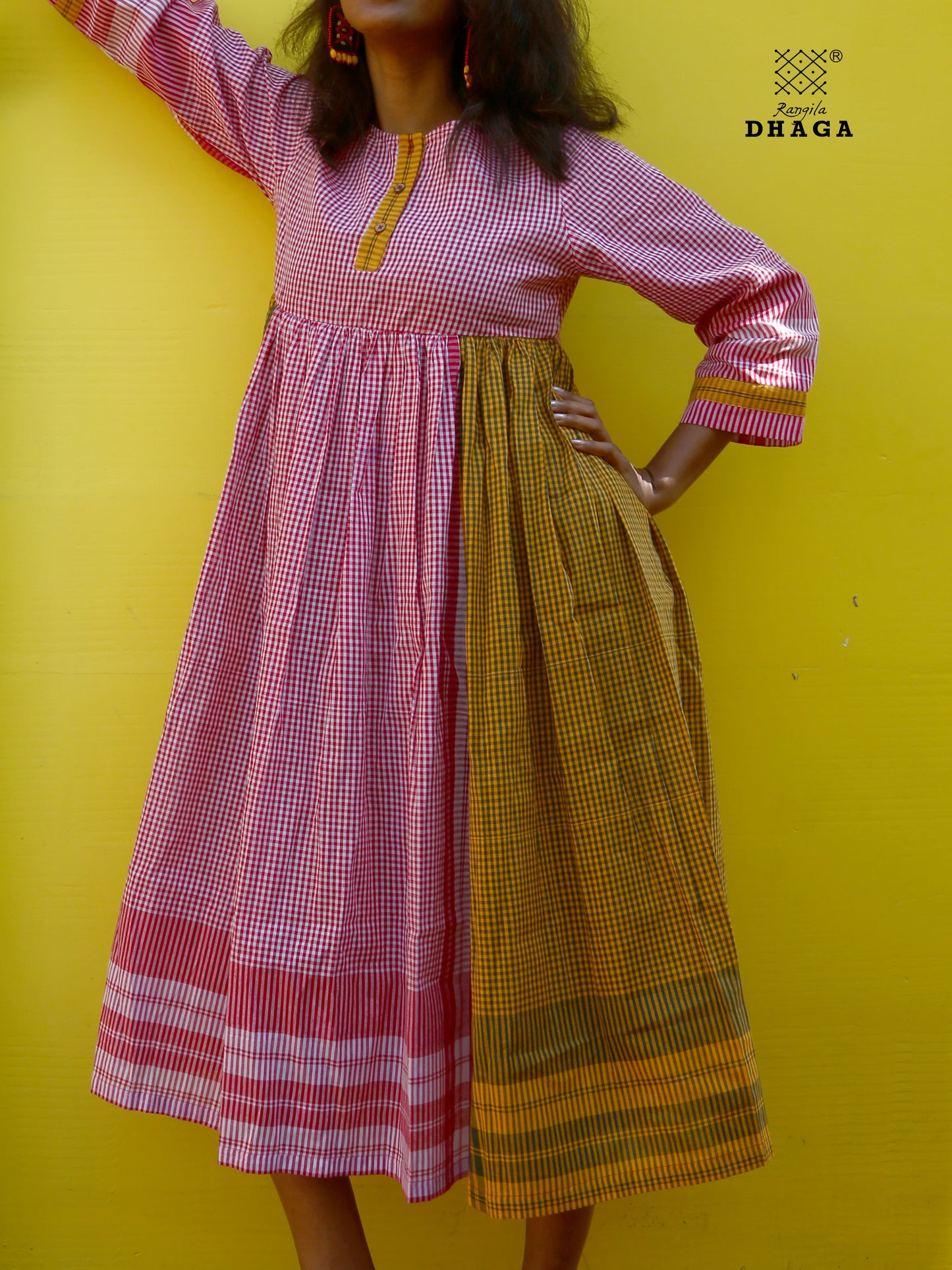 Dress Gamcha Fashion Handloom Cotton Fabric Red & Yellow Check D30