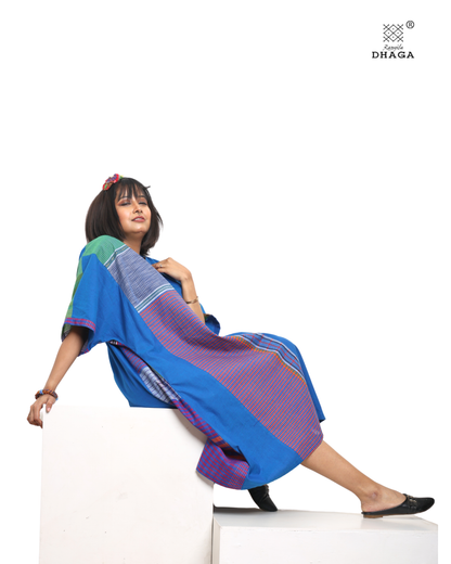 Handloom Blue Cotton Multicolor Gamcha Patchwork Dress- KD03