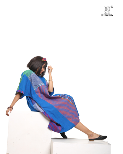 Handloom Blue Cotton Multicolor Gamcha Patchwork Dress- KD03