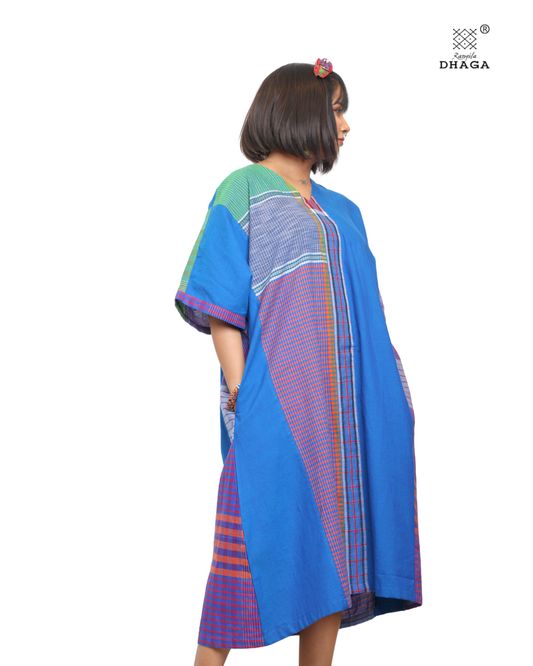 Handloom Blue Cotton Multicolor Gamcha Patchwork Dress- KD03