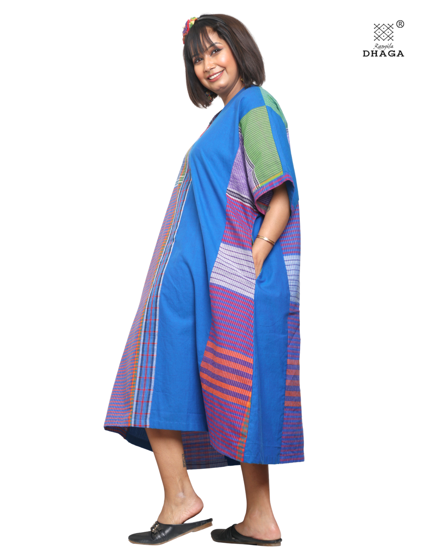 Handloom Blue Cotton Multicolor Gamcha Patchwork Dress- KD03
