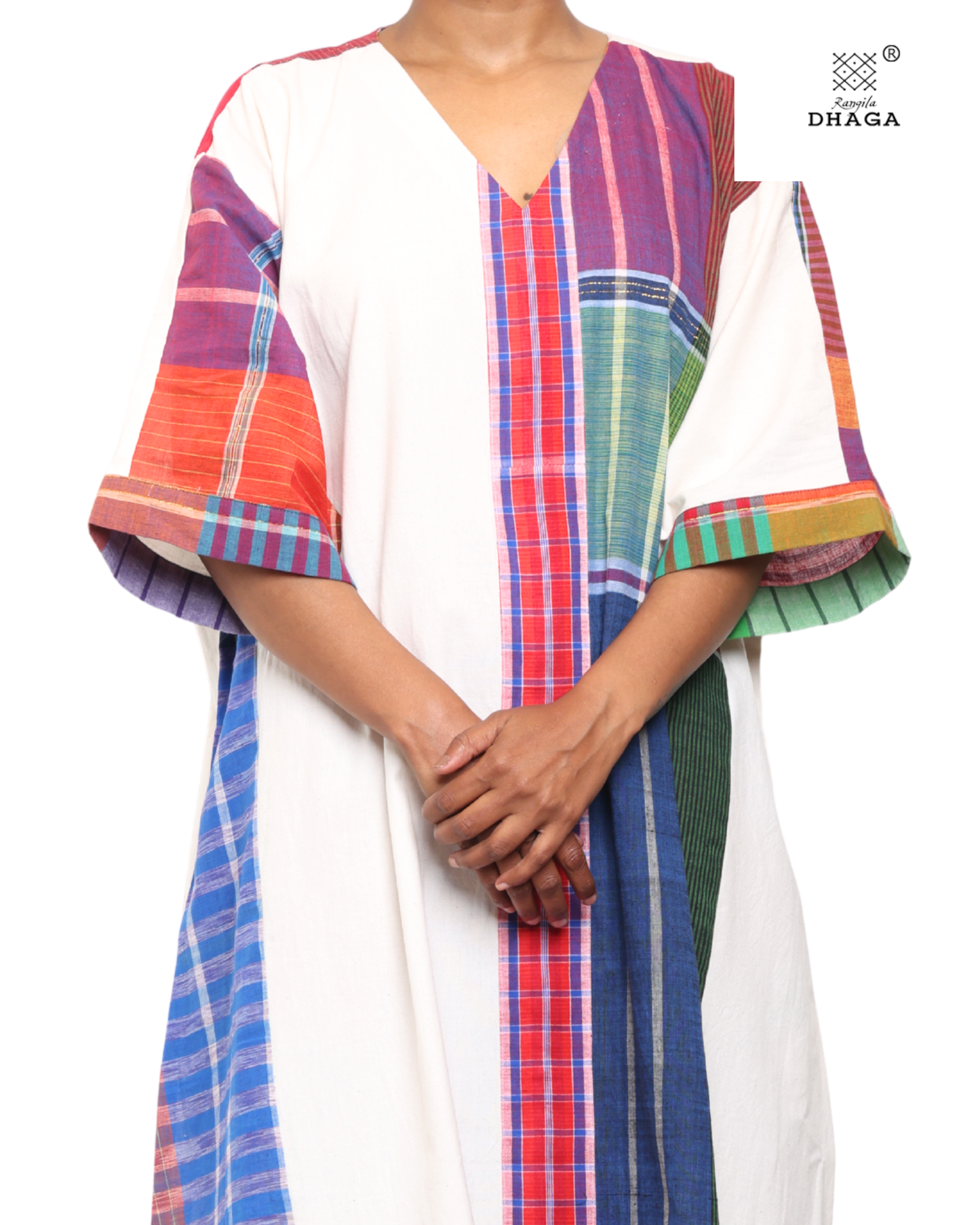 Handloom white cotton & multicolor gamcha patchwork free size dress with pockes- KD04