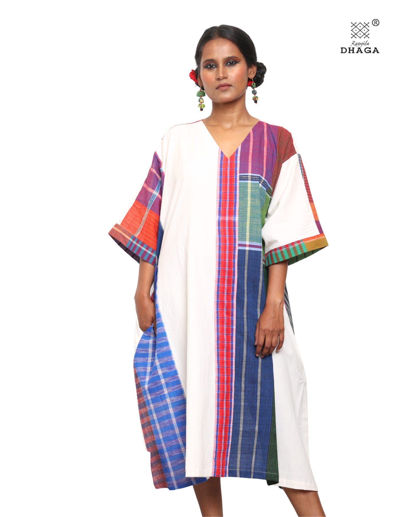 Handloom white cotton & multicolor gamcha patchwork free size dress with pockes- KD04