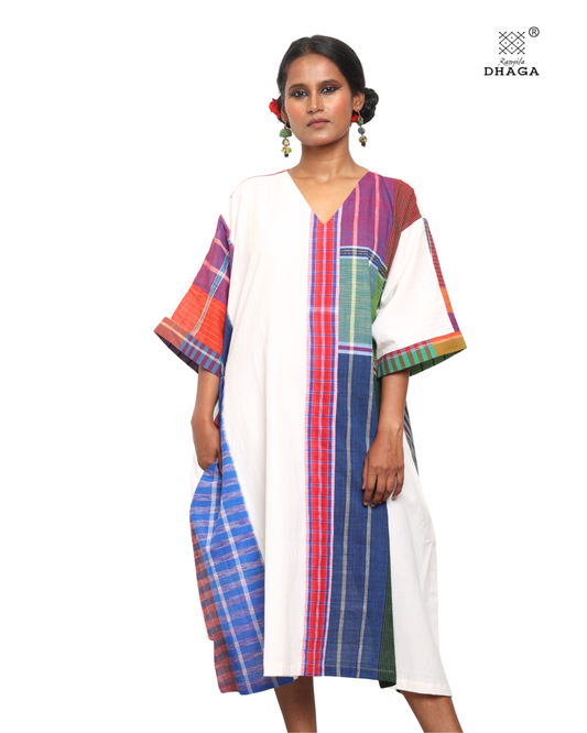 Handloom white cotton & multicolor gamcha patchwork free size dress with pockes- KD04