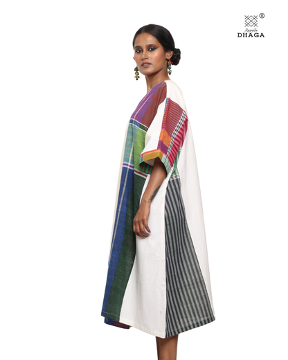 Handloom white cotton & multicolor gamcha patchwork free size dress with pockes- KD04