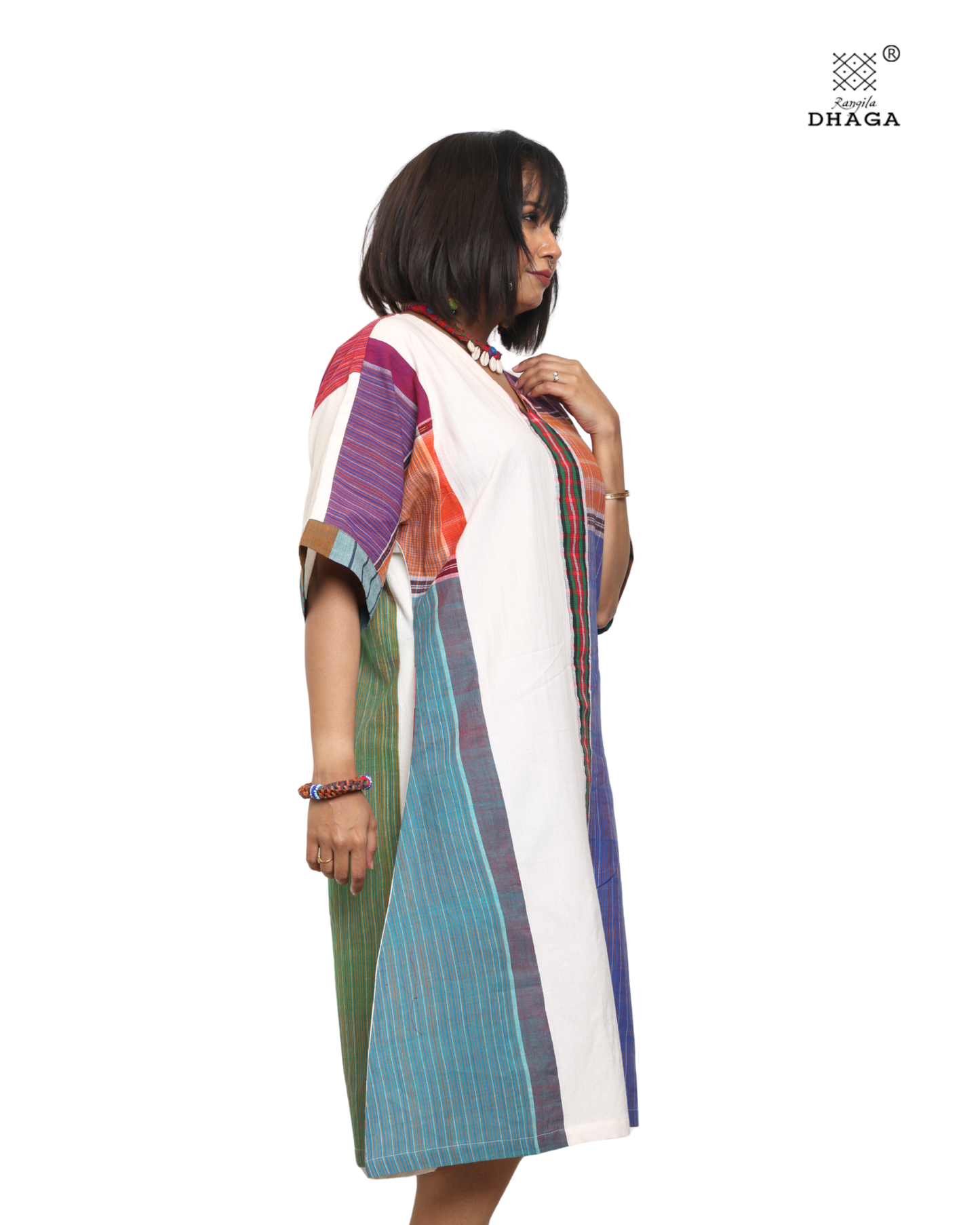 Handloom white cotton & multicolor gamcha patchwork free size dress with pockes- KD05