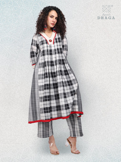 Hand-Embroidered Multicolor Gamcha Cotton Dress –   2 Pockets Black & White D50