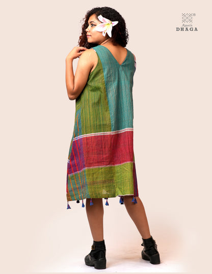 Handloom Gamcha Patchwork A-Line Dress with Cotton Lining, Both-Side Pockets & Handcrafted Bottom Tassels | Multicolor | Rangila Dhaga KD007
