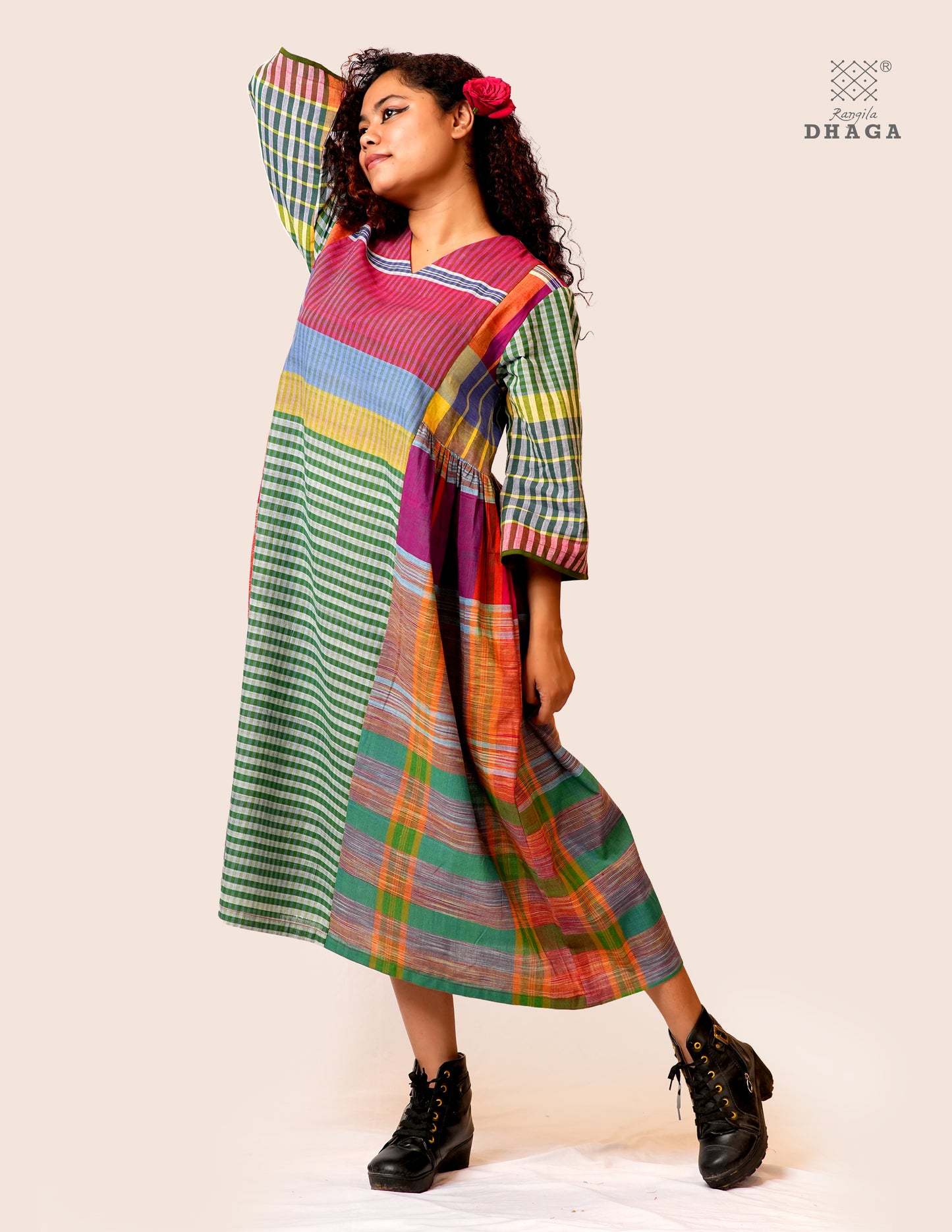 Hand Embroidered Multicolor Handloom Gamcha Dress | Artisan Cotton Dress | Rangila Dhaga | Rangila Dhaga KD003
