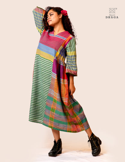 Hand Embroidered Multicolor Handloom Gamcha Dress | Artisan Cotton Dress | Rangila Dhaga | Rangila Dhaga KD003