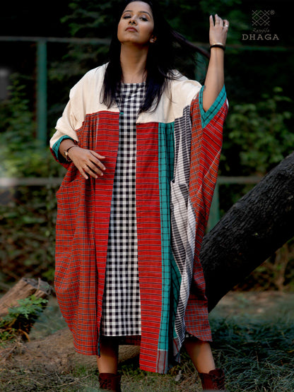 Shrug Long  Free Size  Gamcha Fashion Handloom Cotton Brown and White SHR30
