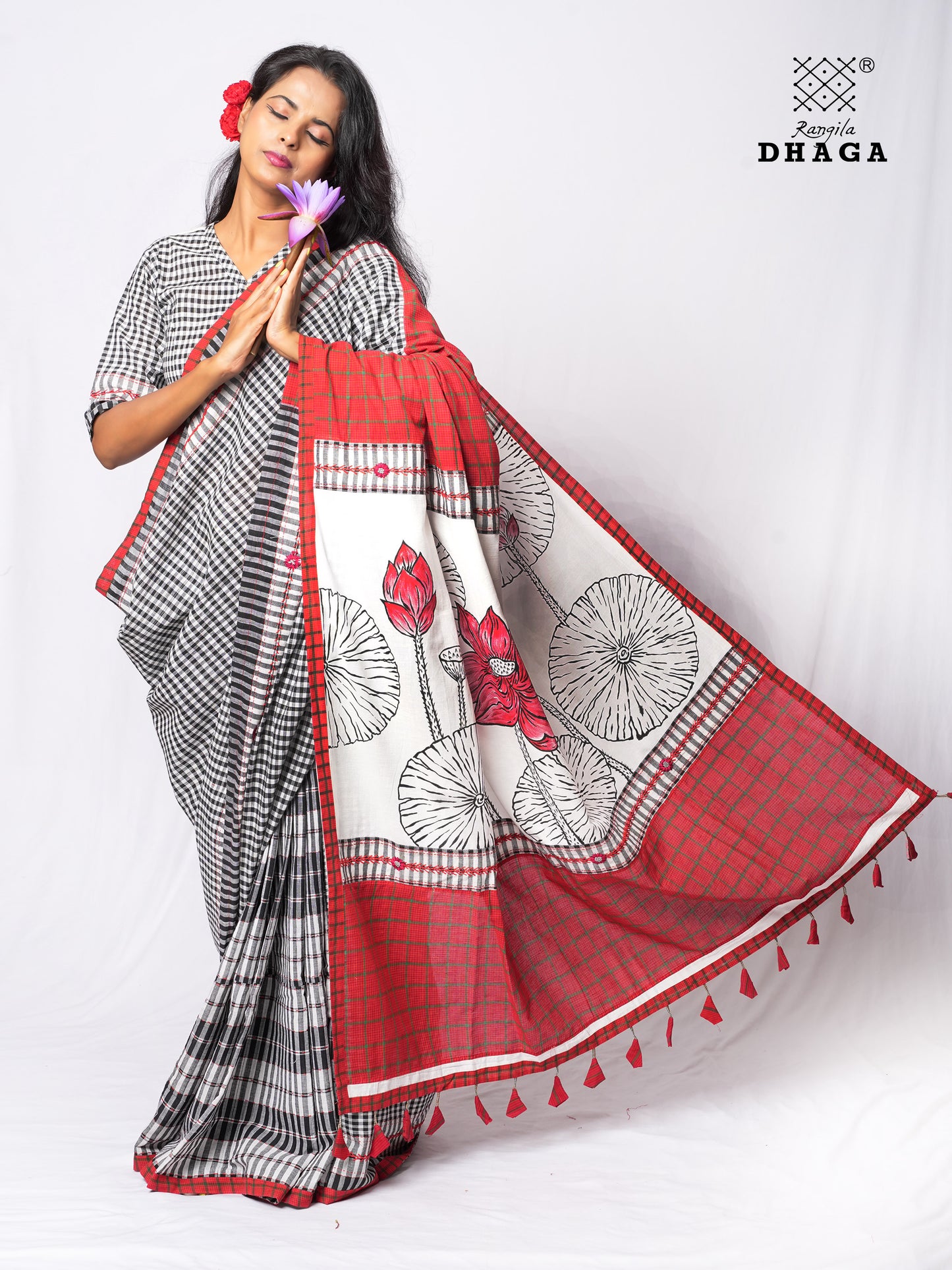 Handpainted Lotus Pallu with Hand-Embroidered Kantha & Flower Stitch Patchwork Handloom Gamcha Saree | Padma Includes Blouse Piece GS138