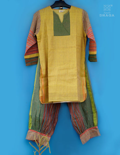 Handloom Cotton Gamcha Co-ord Set for Women – Yellow-Green Striped Kurti with Lining and Relaxed Fit Pocket Pants -CODE02