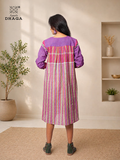 Handloom Gamcha Cotton Multicolour Dress with Pockets | Rangila Dhaga  K12